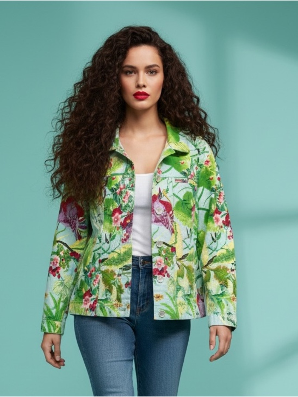 Attitude Tropical Flower Bird Print Cotton Jacket Size L